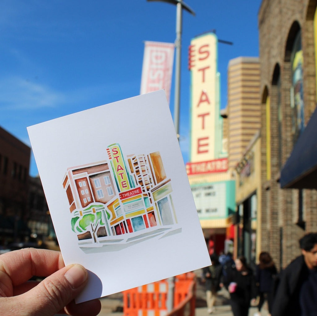 A State Theater Notecard in front of the State Theater in Ann Arbor Michigan
