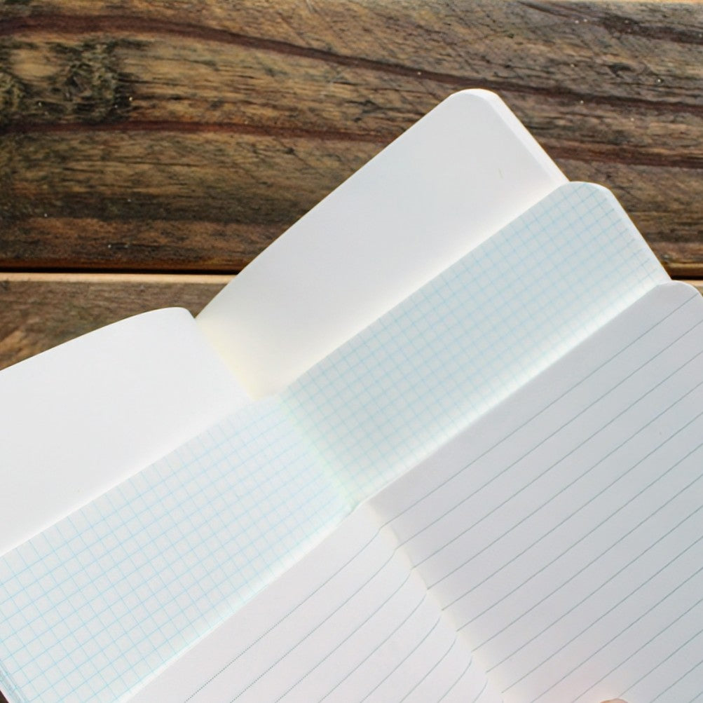 Open national park-themed notebook showing lined, blank, and graph paper pages.