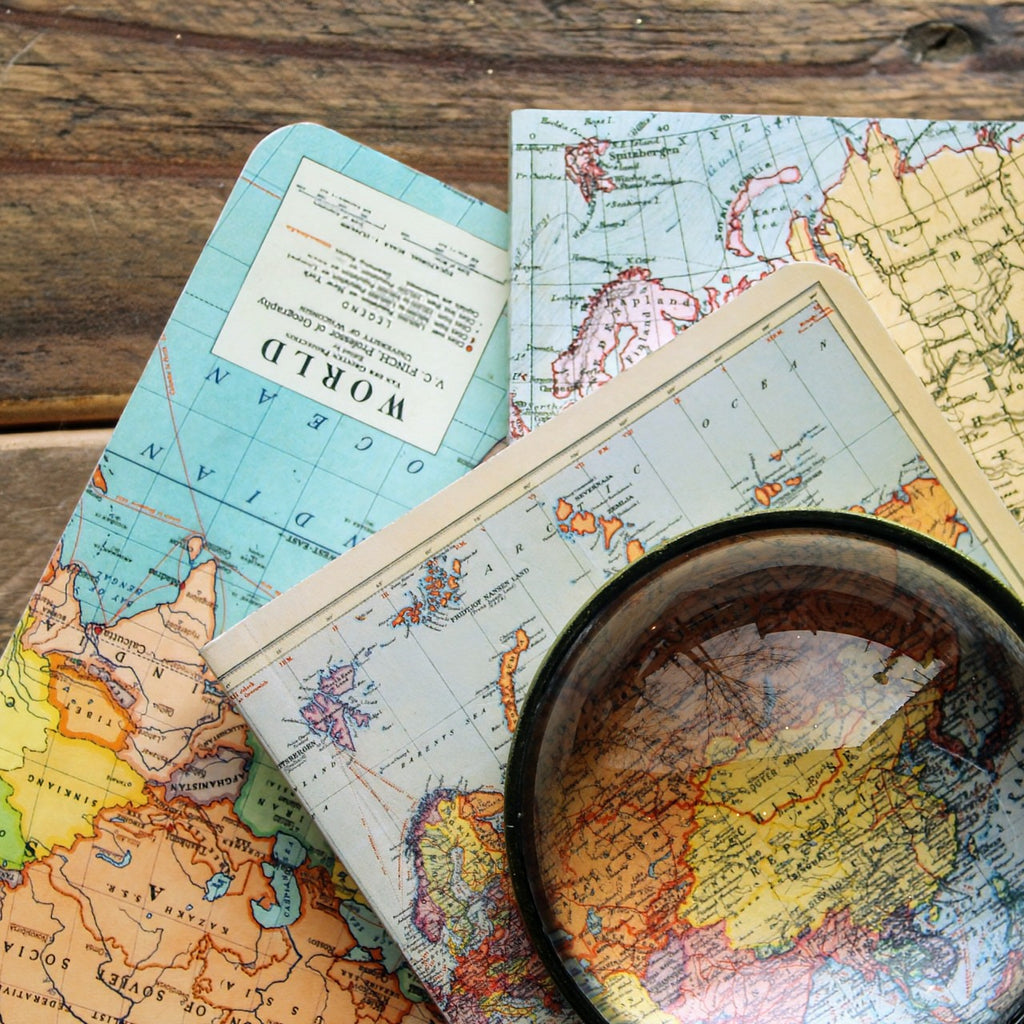 World Maps Mini Notebook Set featuring three vintage-style map covers, including historical country borders.