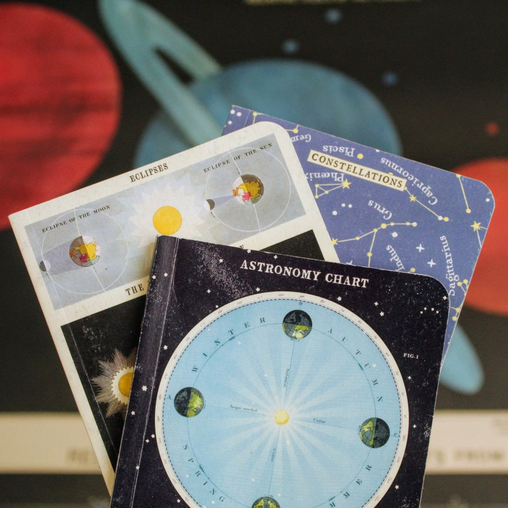 Celestial Mini Notebook Set featuring three astronomy-inspired covers with vintage diagrams.