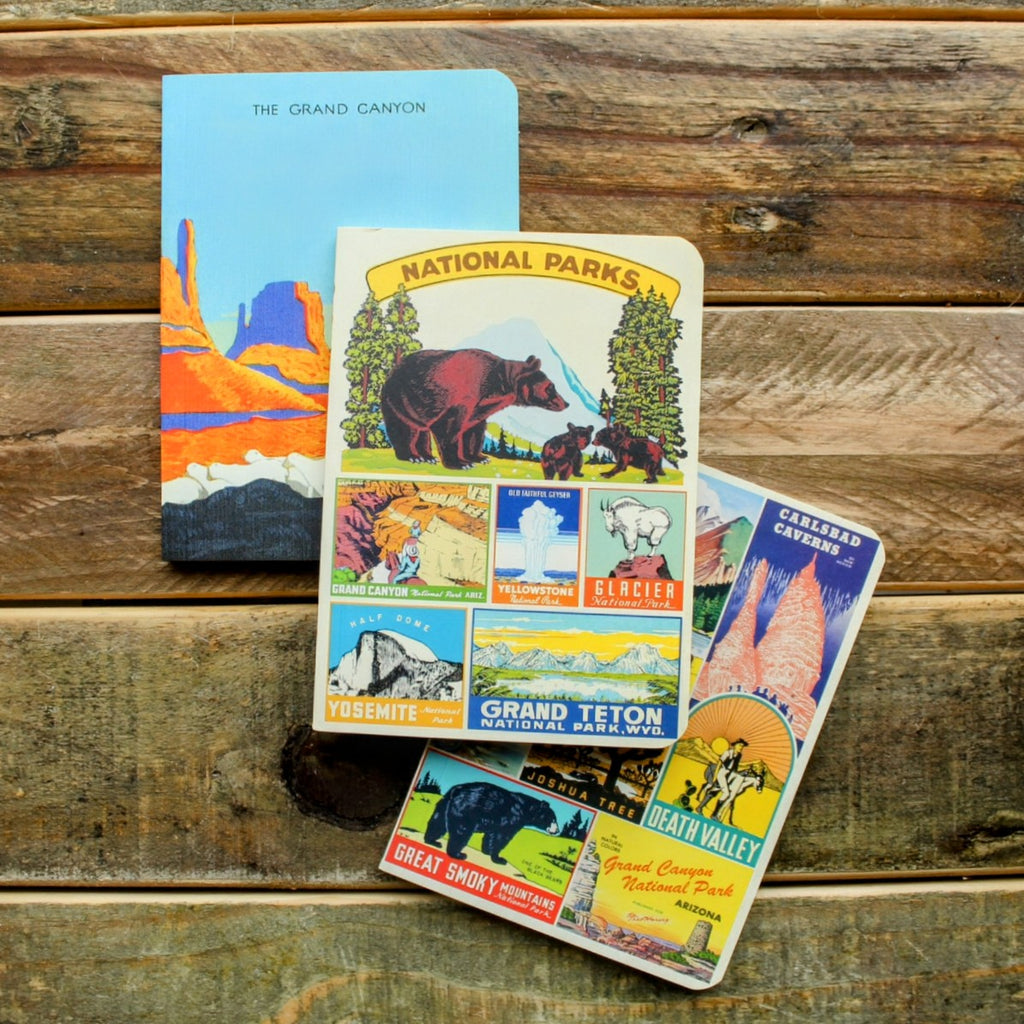 National Parks Mini Notebook Set featuring three covers with classic style illustrations of iconic U.S. landscapes.