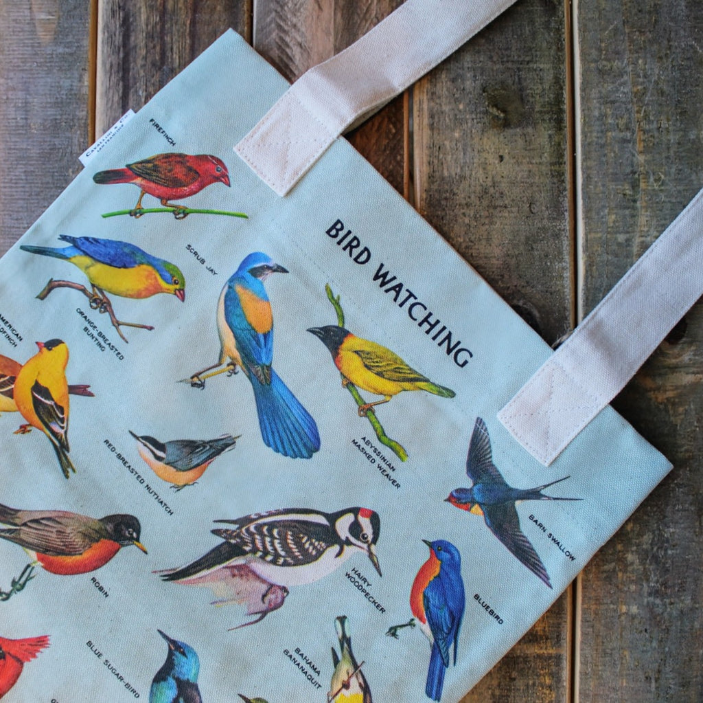 Close up detail of the cotton Bird Watching Tote Bag.