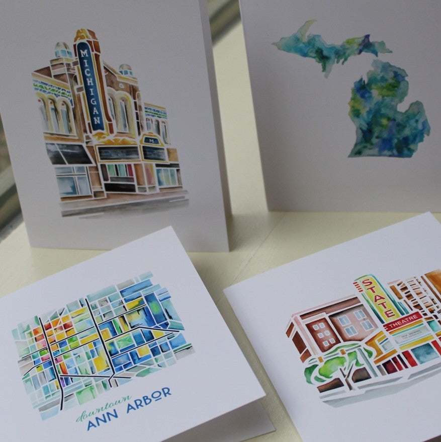 A selection of Ann Arbor Michigan theme notecards watercolor art ann arbor cards
