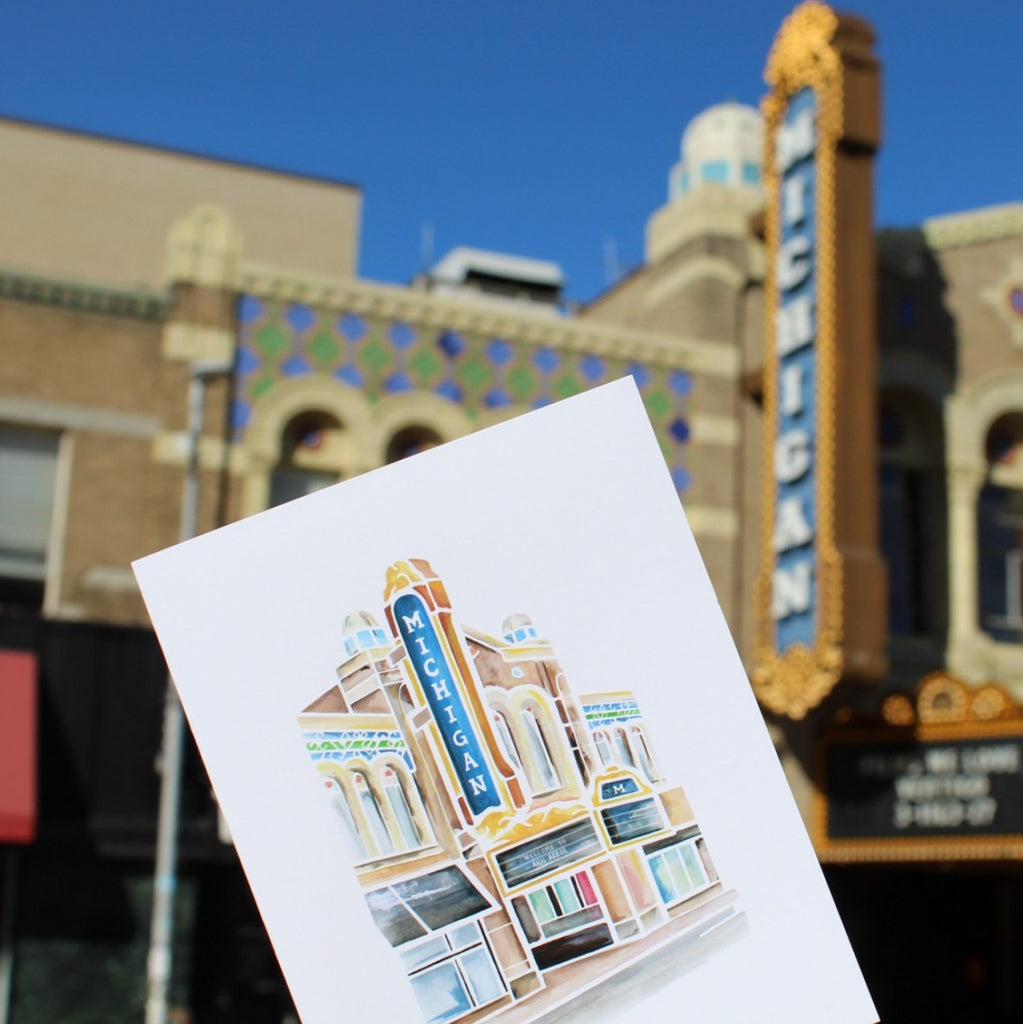 Michigan Theater Notecard in front of the Michigan Theater in Ann Arbor Michigan