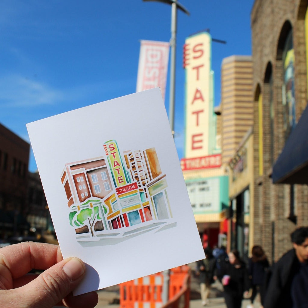 A State Theater Notecard in front of the State Theater in Ann Arbor Michigan 