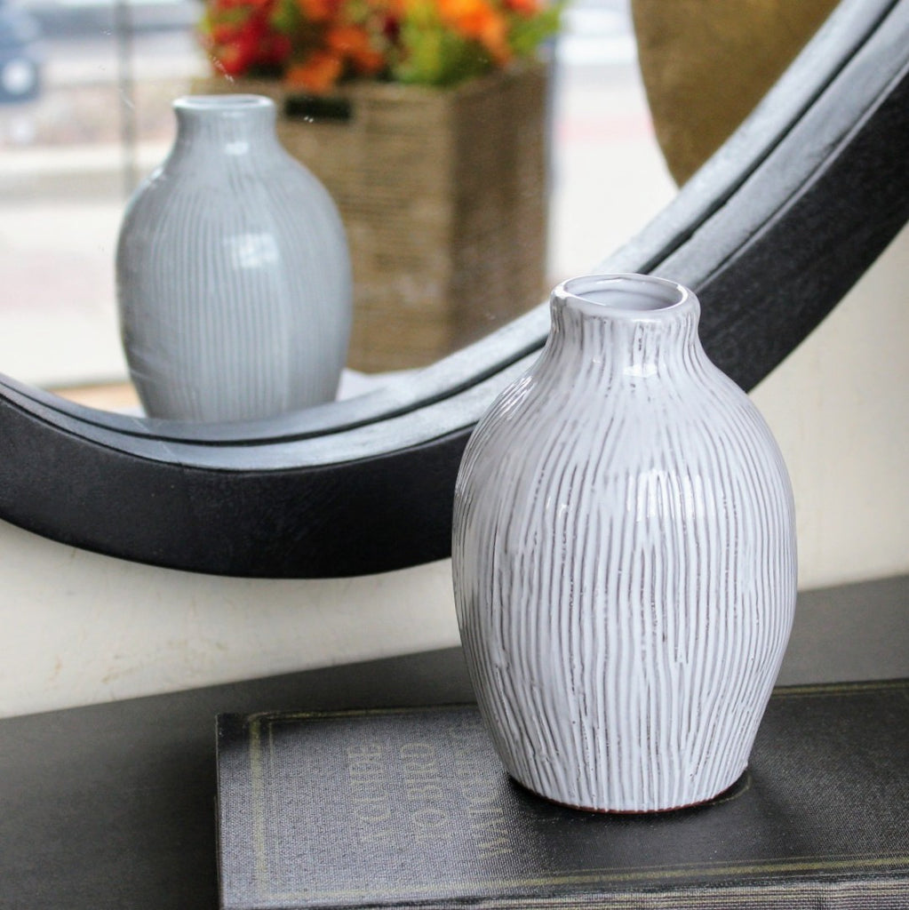 beautiful white glazed terracotta vase with engraved line detailing