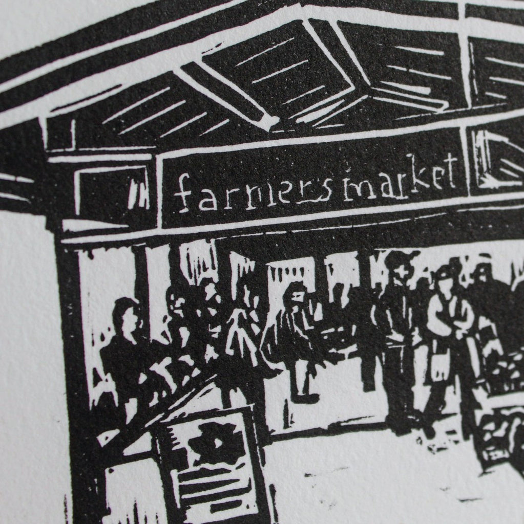 Detail of Ann Arbor Farmer's Market Linocut print by local artist Bettina Senga