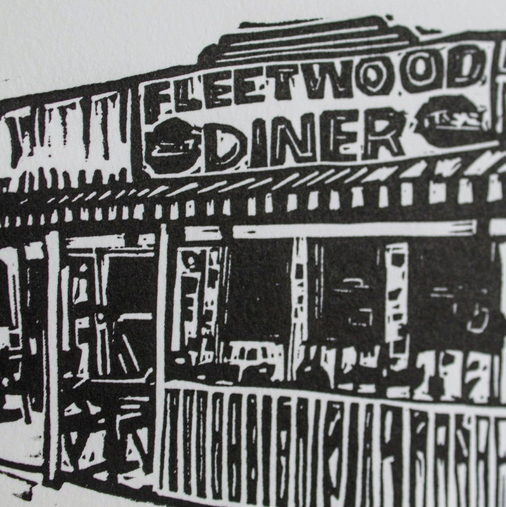 Detail of the Fleetwood Diner linocut print in Ann Arbor Michigan 