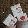 Three 'Plant The Box' soy candle boxes with red poppy design in handmade terracotta pots on a woven background