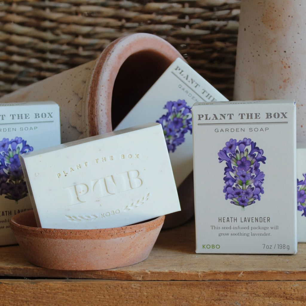 Plant The Box Heath Lavender soap bars with packaging on a wooden surface