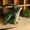 Green stonewate watering pitcher in the shape of a frog with bulging eyes and open mouth for the spout on a wooden surface