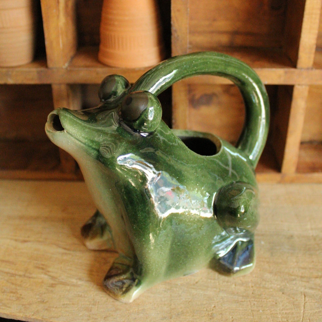 Green stonewate watering pitcher in the shape of a frog with an open mouth on a wooden surface