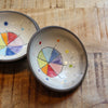 Two handmade ceramic bowls with dark rims and colorful painted geometric designs inside, displayed on a rustic wooden surface.