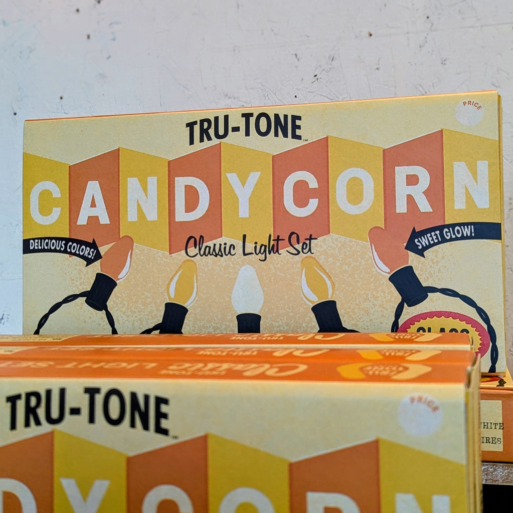 Tru-Tone Candy Corn Classic Light Set boxes stacked together, showing the packaging with illustrations of string lights.