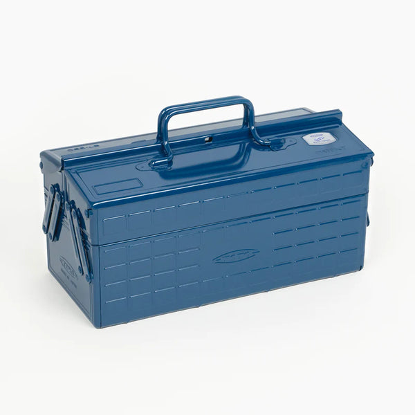 Blue toolbox with a handle on a white background