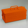 Orange toolbox with a handle on a gray background